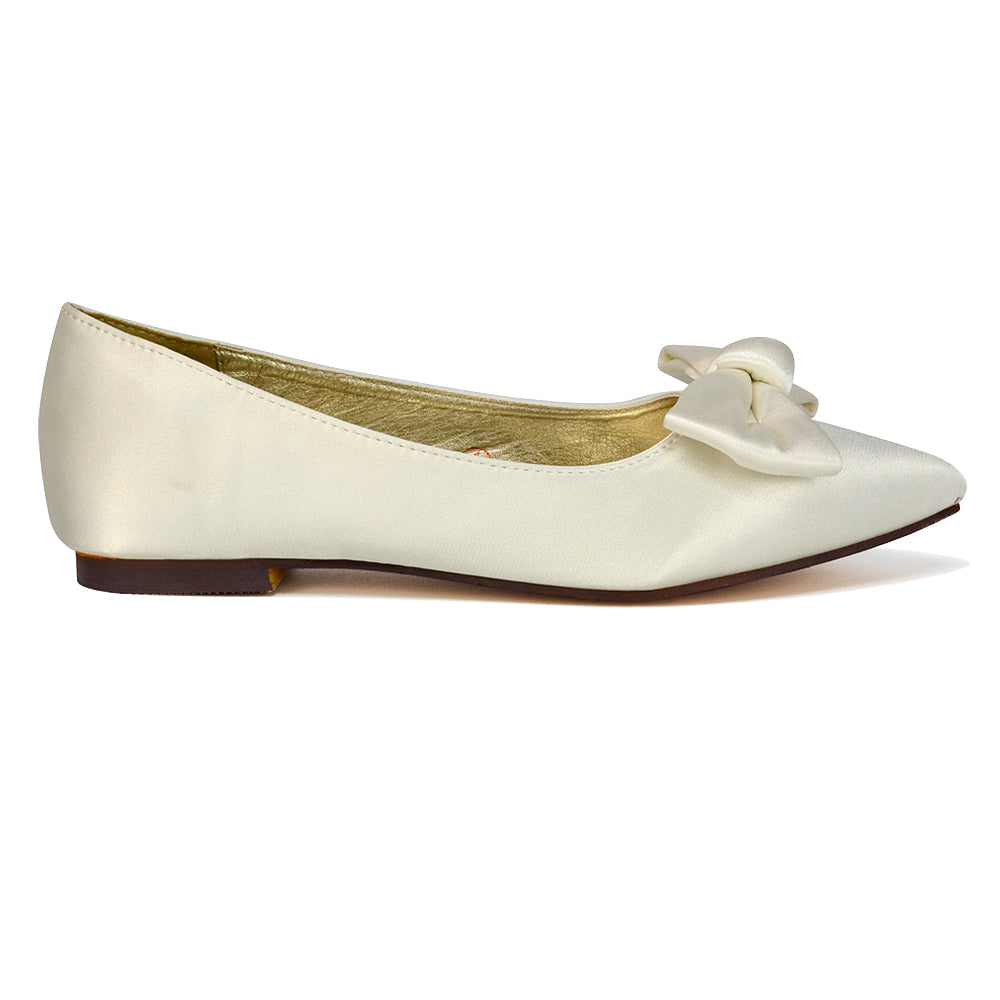 Cally Bow Detail Pointed Toe Ballerina Bridal Flats Pump Shoes in Ivory Satin