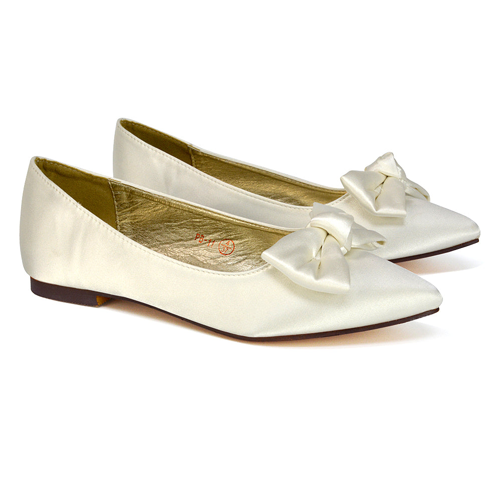 Cally Bow Detail Pointed Toe Ballerina Bridal Flats Pump Shoes in Ivory Satin