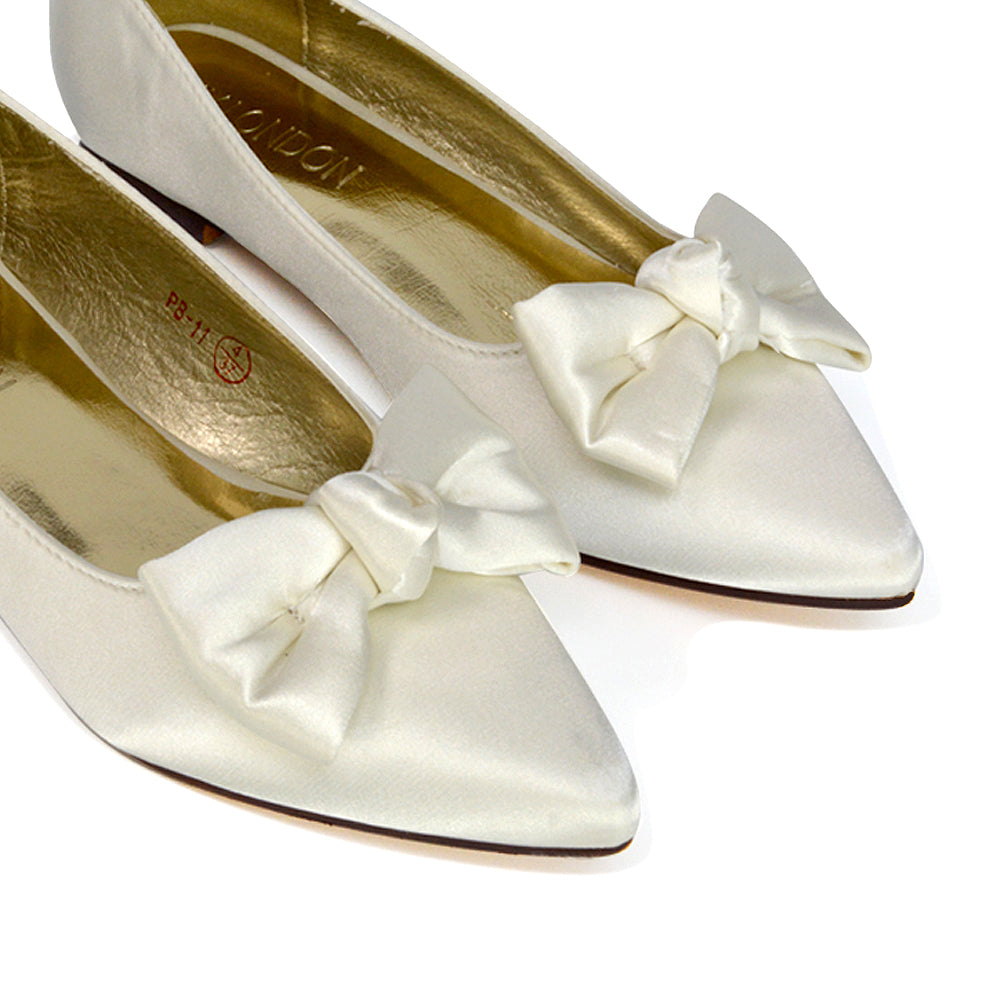 Cally Bow Detail Pointed Toe Ballerina Bridal Flats Pump Shoes in Ivory Satin