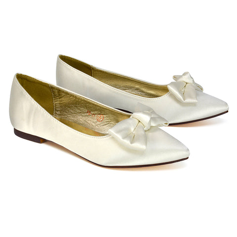 Cally Bow Detail Pointed Toe Ballerina Bridal Flats Pump Shoes in Ivory Satin