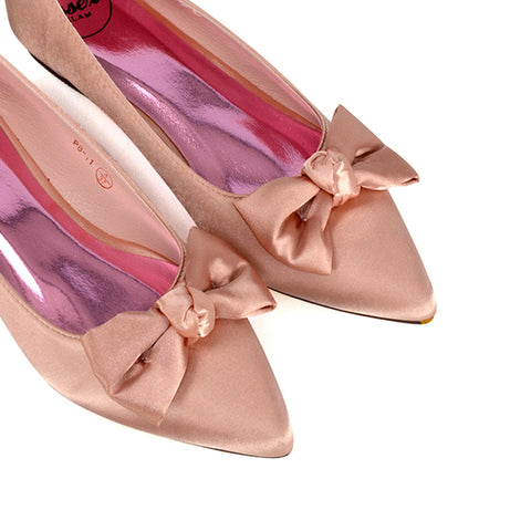 Cally Bow Detail Pointed Toe Ballerina Bridal Flats Pump Shoes in Pink