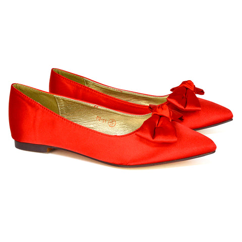 Cally Bow Detail Pointed Toe Ballerina Bridal Flats Pump Shoes in Red