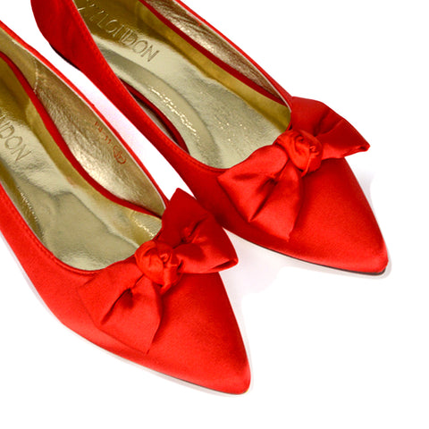 Cally Bow Detail Pointed Toe Ballerina Bridal Flats Pump Shoes in Red