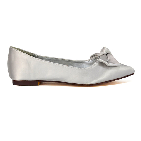 Cally Bow Detail Pointed Toe Ballerina Bridal Flats Pump Shoes in Ivory Satin