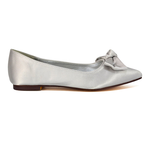 Cally Bow Detail Pointed Toe Ballerina Bridal Flats Pump Shoes in Silver Satin