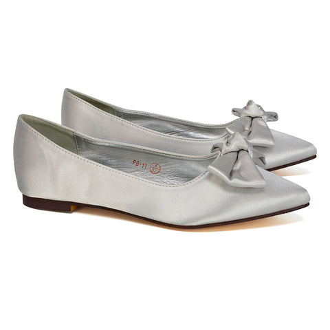 Cally Bow Detail Pointed Toe Ballerina Bridal Flats Pump Shoes in Silver Satin