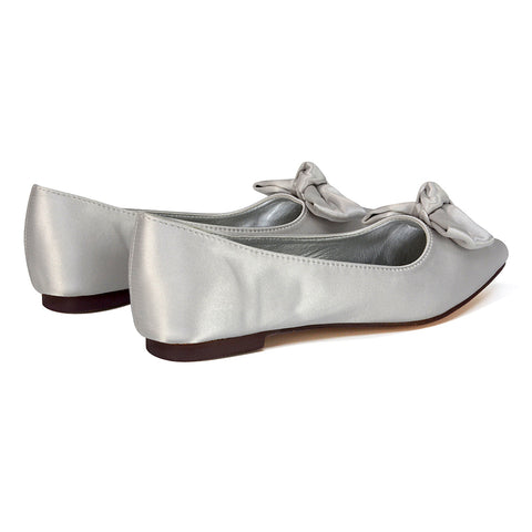 Cally Bow Detail Pointed Toe Ballerina Bridal Flats Pump Shoes in Silver Satin