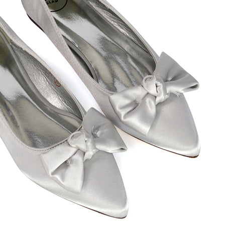 Cally Bow Detail Pointed Toe Ballerina Bridal Flats Pump Shoes in Silver Satin