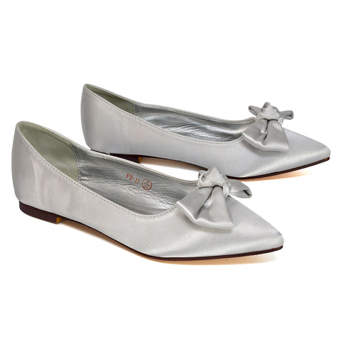 Cally Bow Detail Pointed Toe Ballerina Bridal Flats Pump Shoes in Ivory Satin