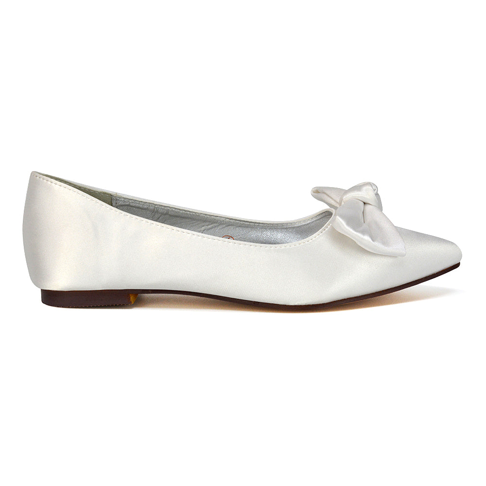 Cally Bow Detail Pointed Toe Ballerina Bridal Flats Pump Shoes in Ivory Satin