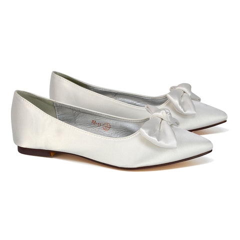 Cally Bow Detail Pointed Toe Ballerina Bridal Flats Pump Shoes in Silver Satin