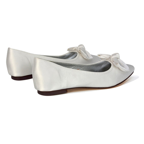 Cally Bow Detail Pointed Toe Ballerina Bridal Flats Pump Shoes in Silver Satin