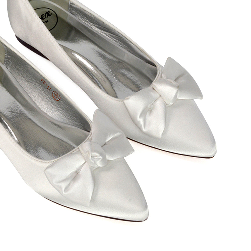 Cally Bow Detail Pointed Toe Ballerina Bridal Flats Pump Shoes in Black Satin