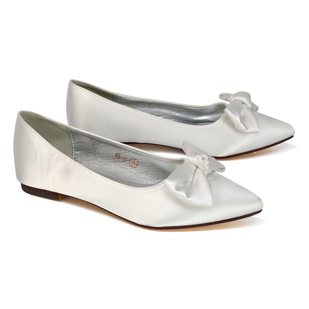 Cally Bow Detail Pointed Toe Ballerina Bridal Flats Pump Shoes in Silver Satin