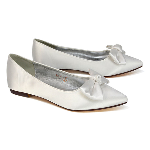 Cally Bow Detail Pointed Toe Ballerina Bridal Flats Pump Shoes in Ivory Satin