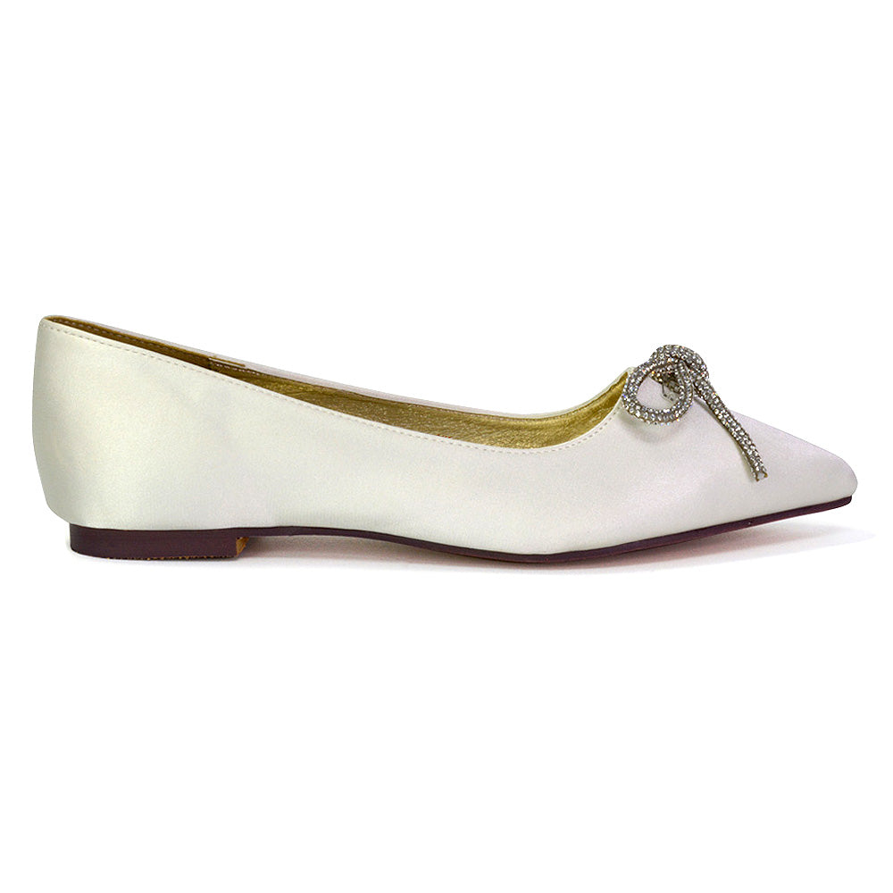 Blossom Diamante Bow Detail Pointed Toe Ballerina Pumps in Ivory