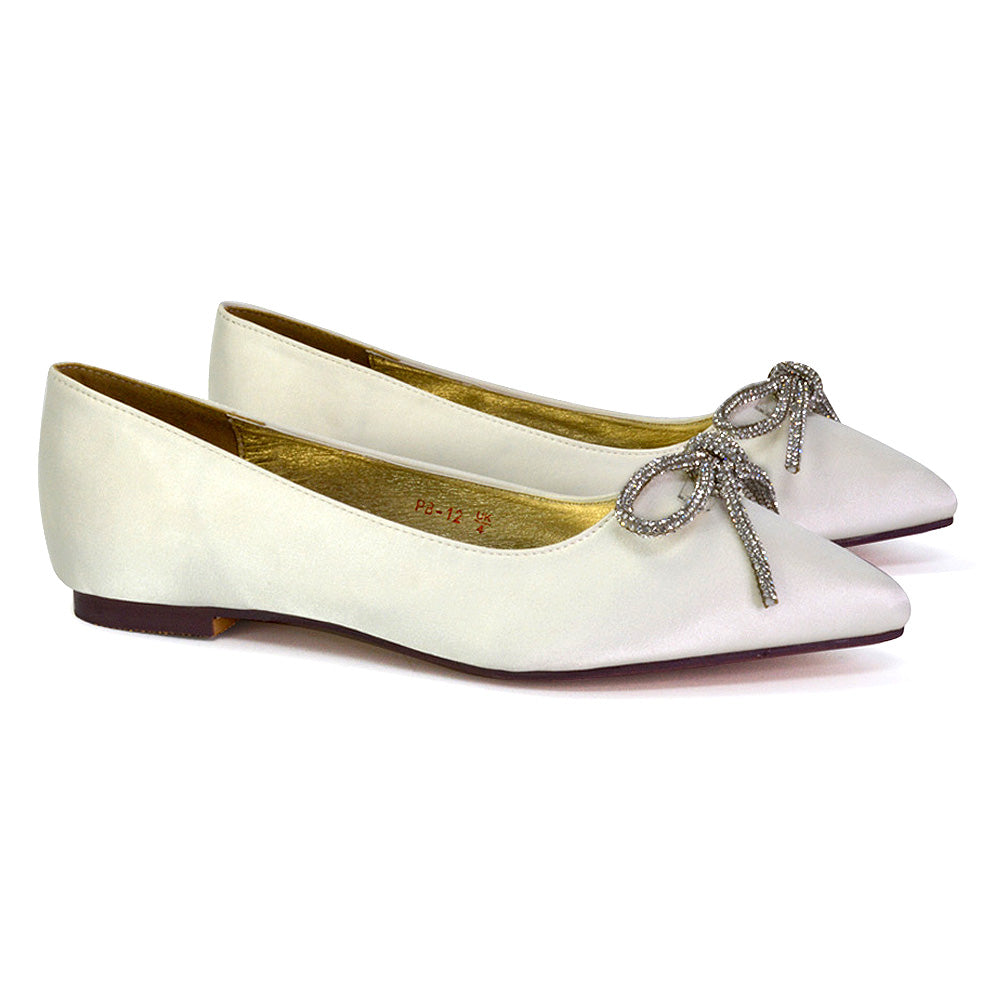 Blossom Diamante Bow Detail Pointed Toe Ballerina Pumps in Ivory