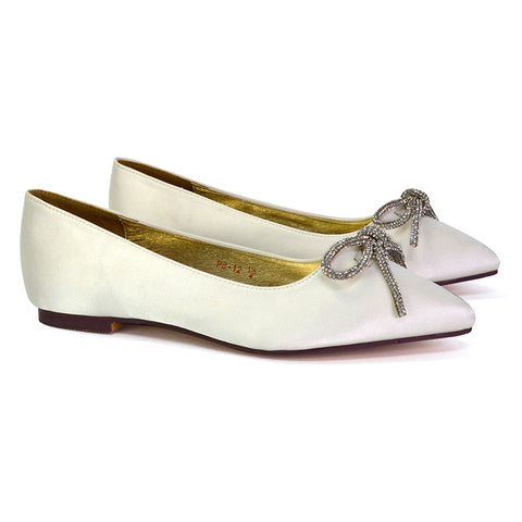 Blossom Diamante Bow Detail Pointed Toe Ballerina Pumps in Silver