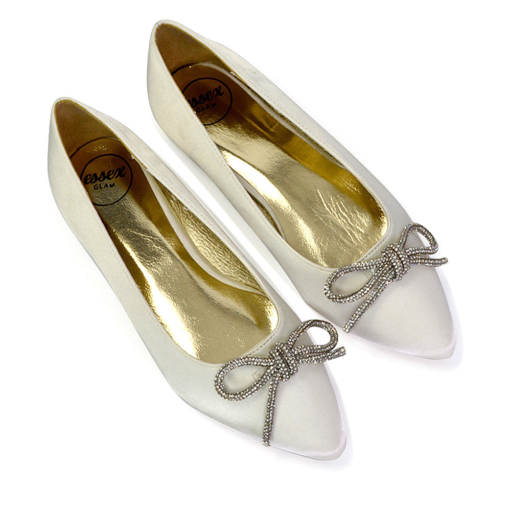 Blossom Diamante Bow Detail Pointed Toe Ballerina Pumps in Ivory