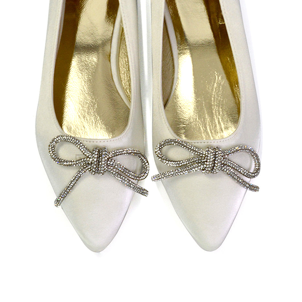 Blossom Diamante Bow Detail Pointed Toe Ballerina Pumps in Ivory
