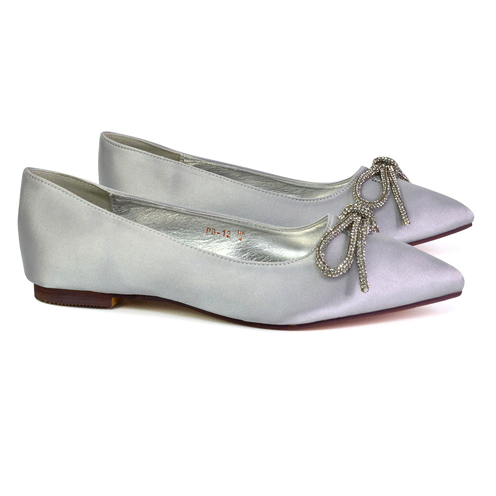 Blossom Diamante Bow Detail Pointed Toe Ballerina Pumps in Silver