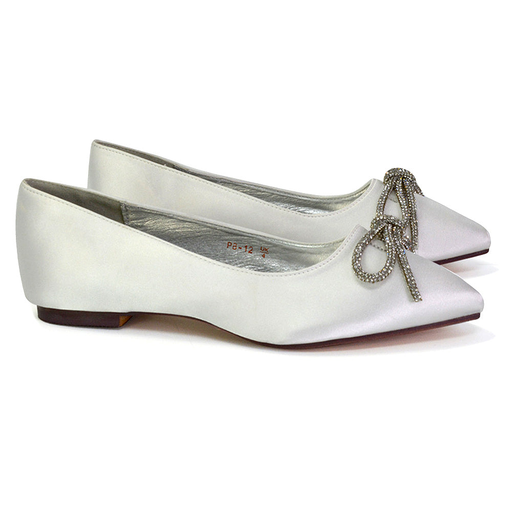 Blossom Diamante Bow Detail Pointed Toe Ballerina Pumps in Ivory