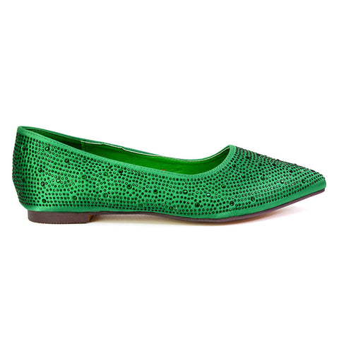 Marshall Bridal Shoes Flat Pointed Toe Diamante Ballerina Pump in Green