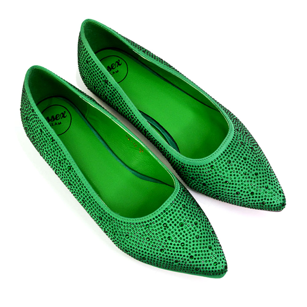 Marshall Bridal Shoes Flat Pointed Toe Diamante Ballerina Pump in Green