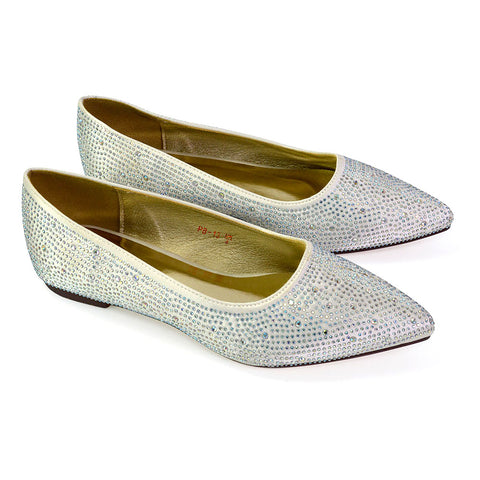 Marshall Bridal Shoes Flat Pointed Toe Diamante Ballerina Pump in Silver