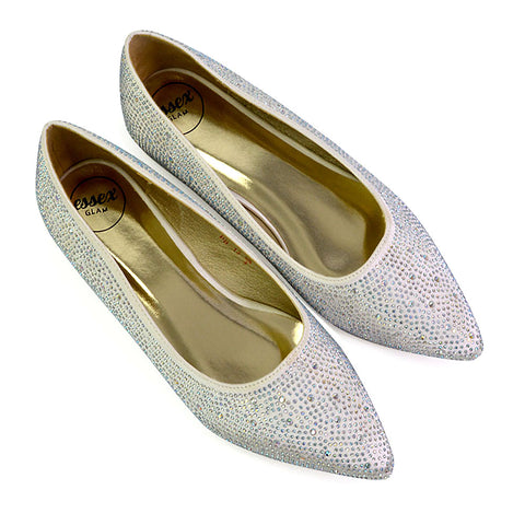 Marshall Bridal Shoes Flat Pointed Toe Diamante Ballerina Pump in White