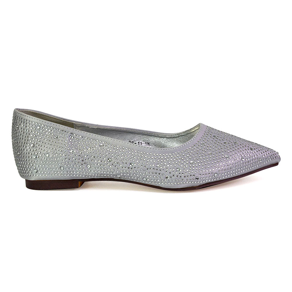 Marshall Bridal Shoes Flat Pointed Toe Diamante Ballerina Pump in Silver
