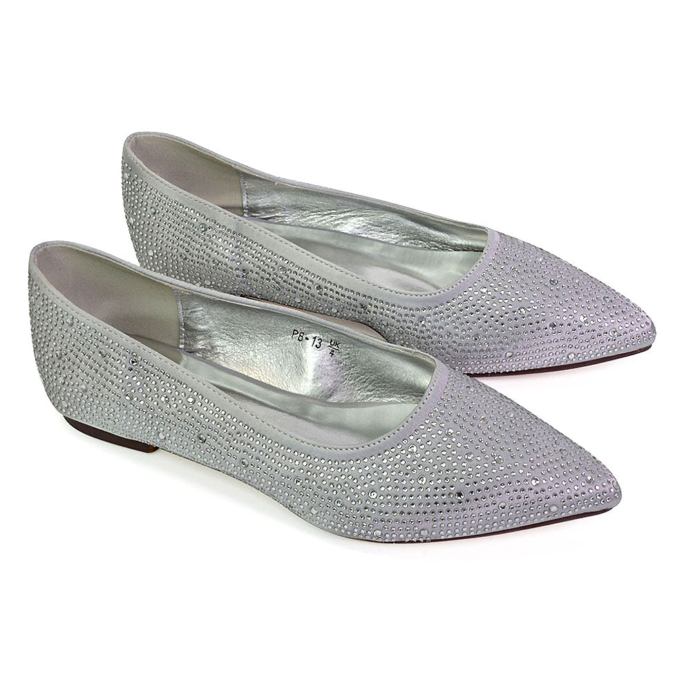 Marshall Bridal Shoes Flat Pointed Toe Diamante Ballerina Pump in Silver