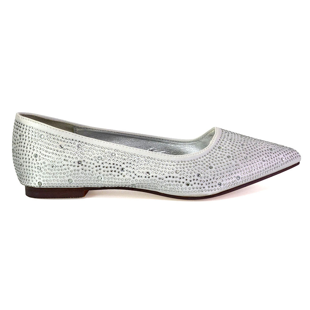Marshall Bridal Shoes Flat Pointed Toe Diamante Ballerina Pump in Silver