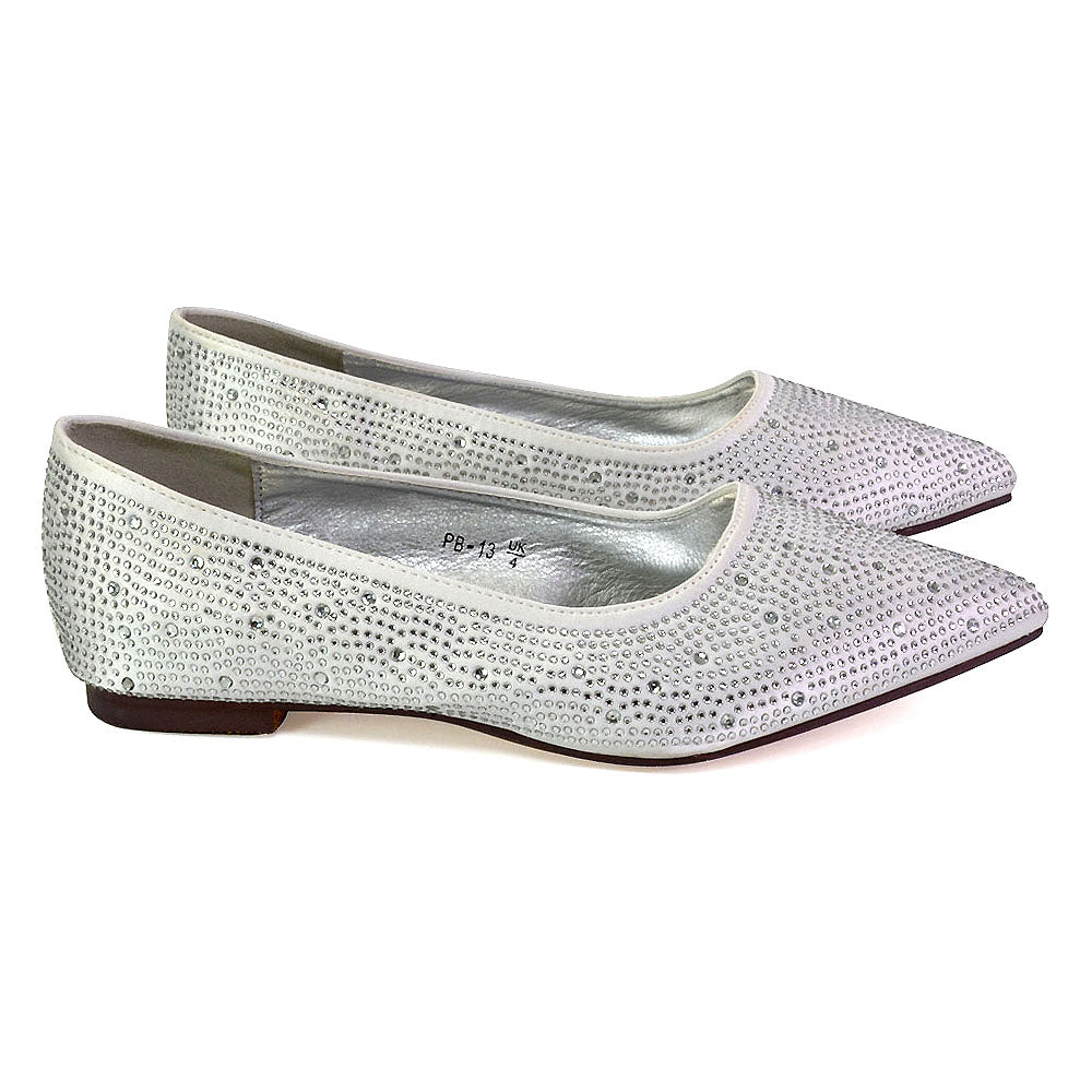 Marshall Bridal Shoes Flat Pointed Toe Diamante Ballerina Pump in Silver