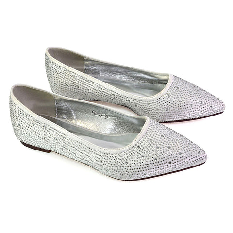 Marshall Bridal Shoes Flat Pointed Toe Diamante Ballerina Pump in White