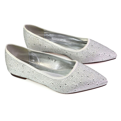 Marshall Bridal Shoes Flat Pointed Toe Diamante Ballerina Pump in Silver