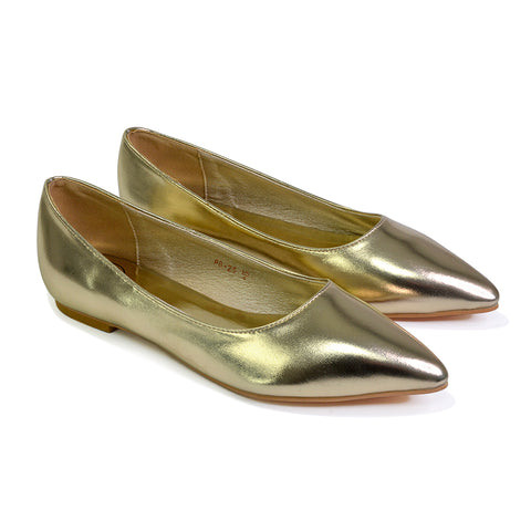 Bubbles Bridal Flats Pointed Toe Wedding Slip on Flat Ballerina Pump Shoes in Gold