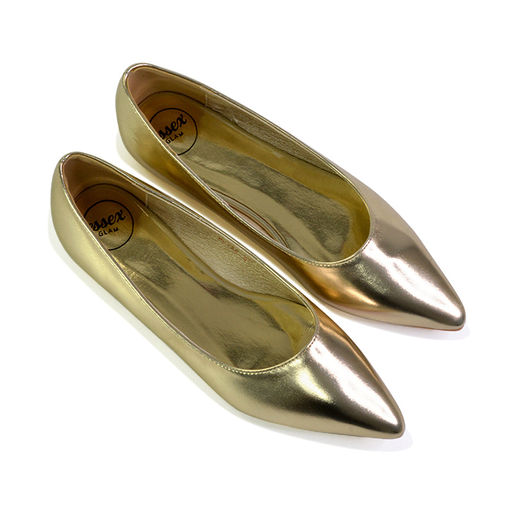 Bubbles Bridal Flats Pointed Toe Wedding Slip on Flat Ballerina Pump Shoes in Gold