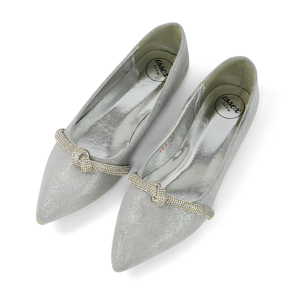 Halley Flat Heel Pointed Toe Sparkly Wedding Embellished Diamante Bridal Pumps in White Satin