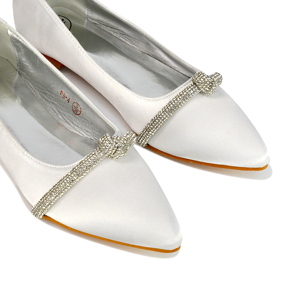 Halley Flat Heel Pointed Toe Sparkly Wedding Embellished Diamante Bridal Pumps in Rose Gold