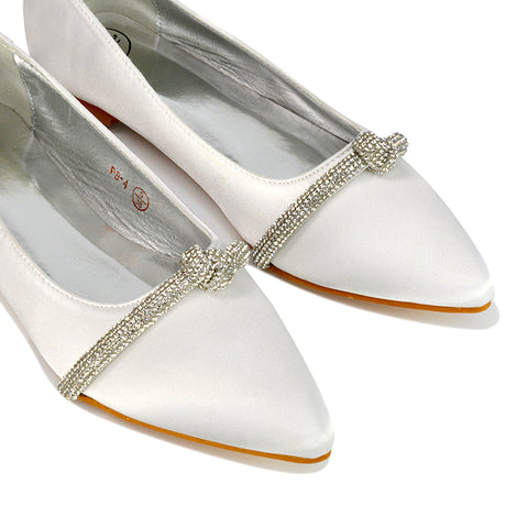 Halley Flat Heel Pointed Toe Sparkly Wedding Embellished Diamante Bridal Pumps in White Satin