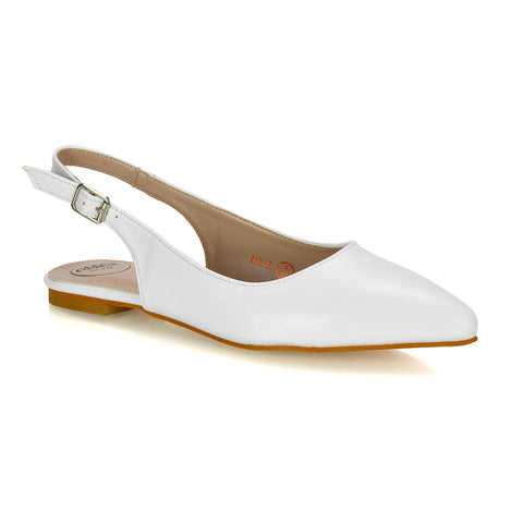 Mindy Pointed Toe Slingback Flat Ballerina Pumps in White Synthetic Leather