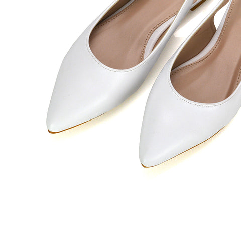 Mindy Pointed Toe Slingback Flat Ballerina Pumps in White Synthetic Leather