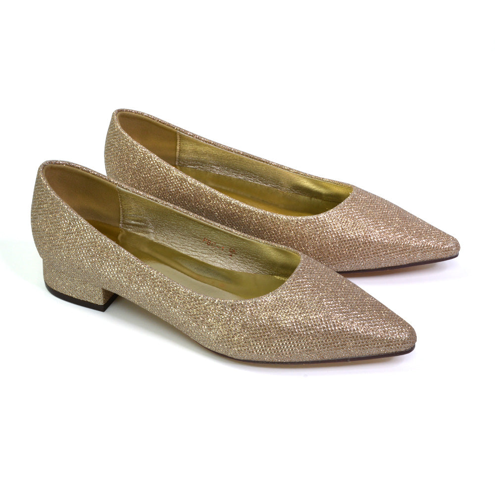 Karen Slip On Pointed Toe Wedding Shoes Low Heel Bridal Heels Court Shoes in Gold