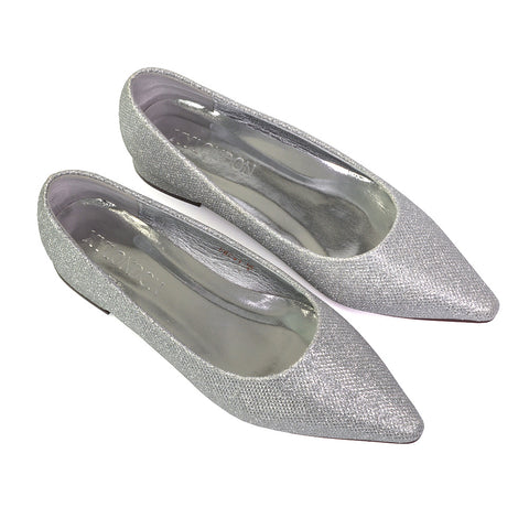 Karen Slip On Pointed Toe Wedding Shoes Low Heel Bridal Heels Court Shoes in Silver