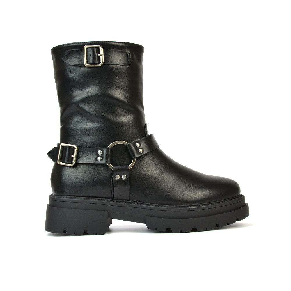 Caleb Chunky Flat Buckle Biker Ankle Boots in Black Synthetic Leather