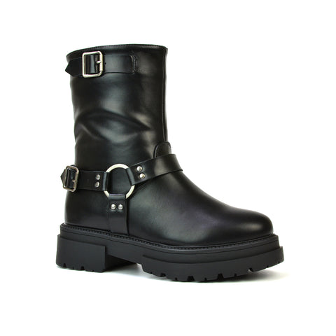 Caleb Chunky Flat Buckle Biker Ankle Boots in Black Synthetic Leather