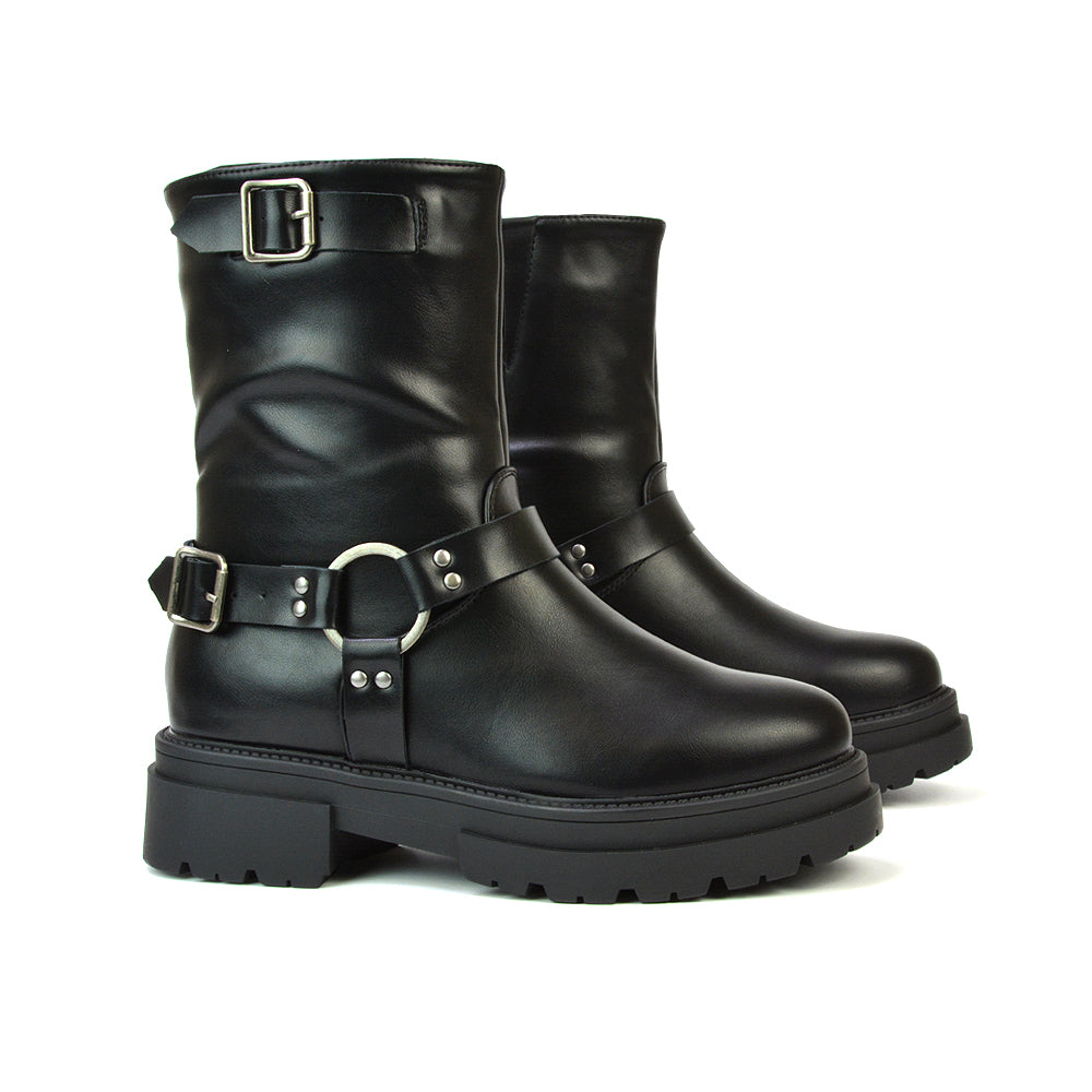 Caleb Chunky Flat Buckle Biker Ankle Boots in Black Synthetic Leather