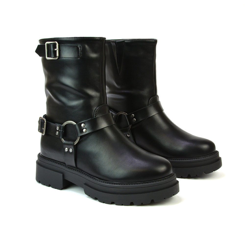 Caleb Chunky Flat Buckle Biker Ankle Boots in Black Synthetic Leather