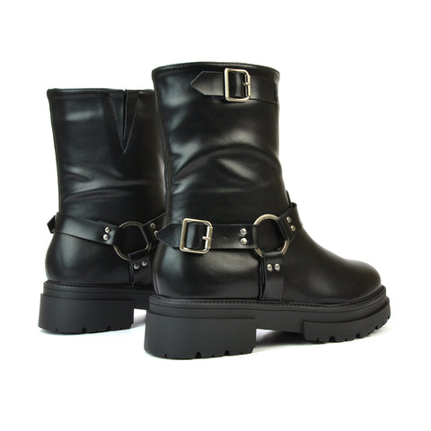 Caleb Chunky Flat Buckle Biker Ankle Boots in Black Synthetic Leather